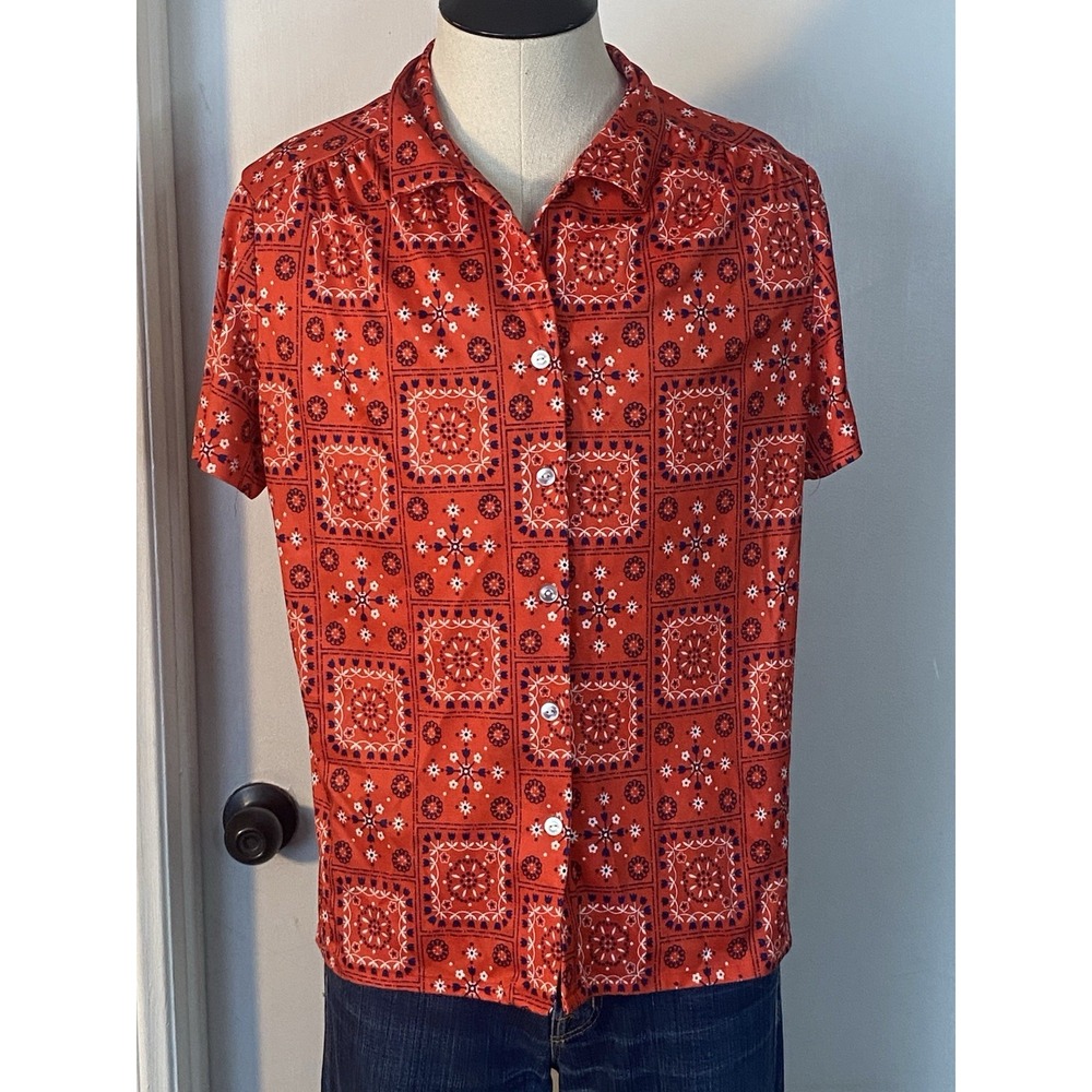 Vintage‎ Blair Women's Blouse Size Petite Small Red Casual Short Sleeve Top